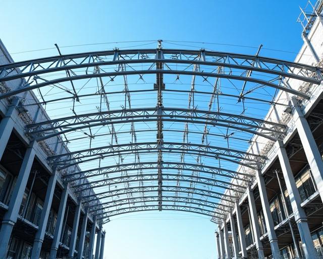 The structural steel framework for a large building entrance canopy.