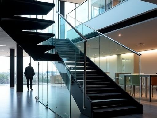 Modern black metal staircase with glass panels.